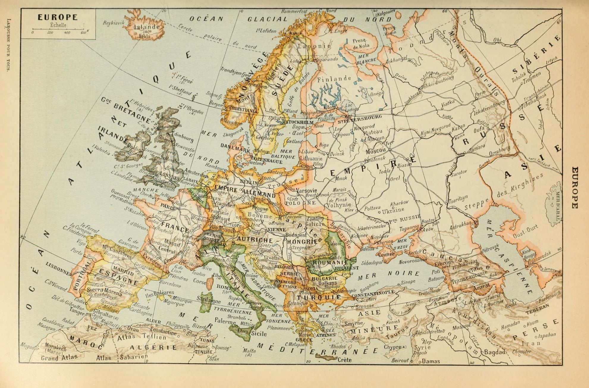 Historic illustrated map of Europe from Le Larousse pour tous, 1909, with six NOYOCO network markers