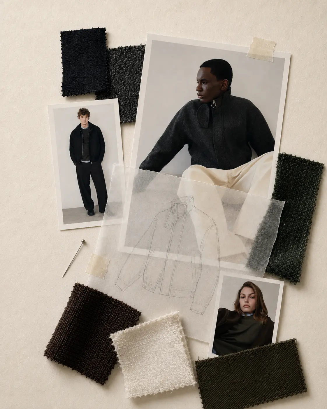NOYOCO studio moodboard with collection silhouettes, fabrics and sketches